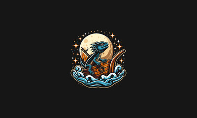 lizard riding ship on sea vector logo design