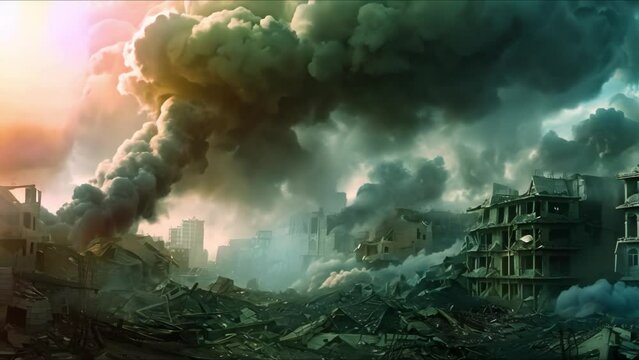 Desolate City: Dark Sky, Dirty Buildings, Ash, and Smoke. Concept Desolate City, Dark Sky, Dirty Buildings, Ash, Smoke