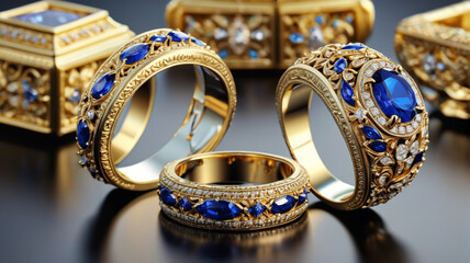 Royal Adornments: Opulent Rings and Dazzling Earrings in Gilded Cases, Generative AI