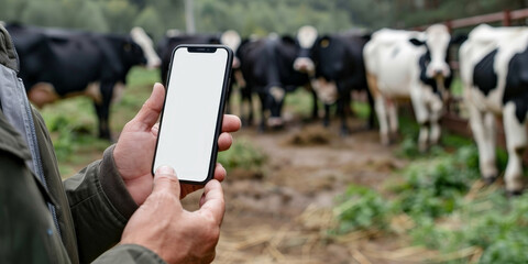 Farmer using a smartphone in a cow barn, illustrating modern agricultural practices and the use of technology for livestock management and farm efficiency..