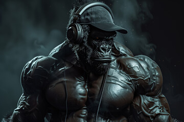 Fototapeta premium Muscular gorilla bodybuilder listening to music with headphones and a hat, testosterone and steroids concept