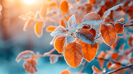 Beautiful colorful nature with bright orange leaves covered with frost in late autumn or early winter