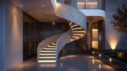 Modern entrance showcasing a sleek spiral staircase, industrial design elements, and soft ambient lighting