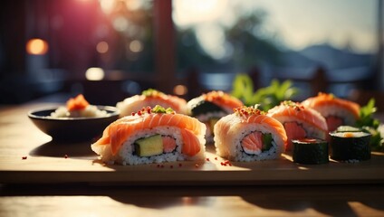 Minimalist JapaneseInspired D Rendered Meal Radiating Serenity with Metallic Sushi Pieces under Rising Sun Light.