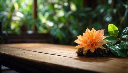 Luminous Tropical Flora Illuminating a Wooden Table in a Tranquil Interior.