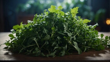 Fototapeta premium Aromatic Arugula Leaves Bask in Double Exposure Silhouette with Fresh Salads.
