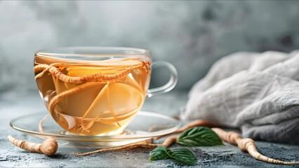 Glass cup of ginseng tea with floating roots promoting health and stress relief. Concept Ginseng Tea Benefits, Stress Relief, Health Promotion, Wellness Elixir, Herbal Remedies