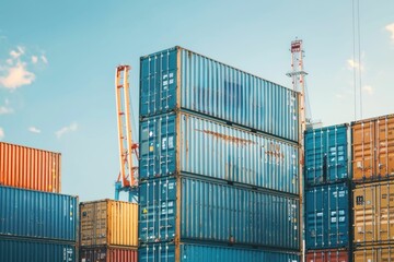 Fototapeta premium Shipping containers stacked in front of cranes against a clear blue sky for business and travel concepts