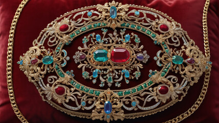 King's Regalia: Magnificent Brooches and Ornamental Chains on Velvet Cushions, Generative AI