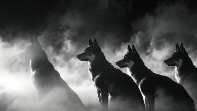 Phobia of a pack of dogs in a foggy black and white setting. Concept Phobia, Dogs, Pack, Fog, Black and White