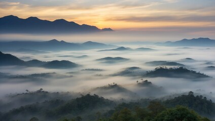 Obraz premium Tranquil Dawn at Mae Hong Son A Peaceful D Rendered Landscape Shrouded in Fog and Mist.
