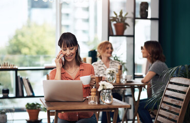 Phone call, laptop and woman in cafe, smile and chat for project, copywriting and business or company. Coffee shop, employee and communication for person in B2B, writer and working with happiness