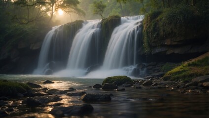 Obraz premium MotionBlurred Waterfall Veil Unfurls Under Twilights Calm.