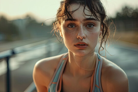 Tired fitness young woman catching breath after workout