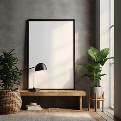 Mockup poster frame close up in interior background, 3d render.