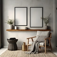 Mockup poster frame close up in interior background, 3d render.