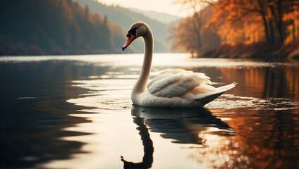 Fototapeta premium Graceful Swan Gliding on a Calm Lake Serene Double Exposure Silhouette.