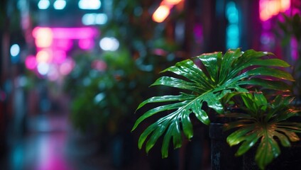 Futuristic Tropical Leaves Radiate Under Neon Cyber Lights.
