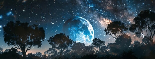 Side view of a beautiful night sky, vivid Milky Way galaxy, large moon, silhouetted trees, photorealistic detail, high contrast colors, serene atmosphere, star-studded backdrop