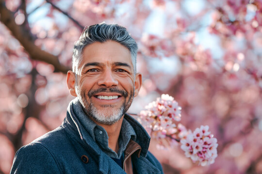 Portrait of an handsome South American hispanic man posing in front of a blooming cherry tree , close-up view of a cheerful beautiful latino white middle aged male in an outdoor park