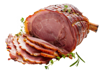 A large piece of ham is sliced into pieces and garnished with herbs