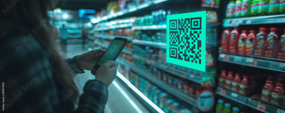 Wall mural A woman is using a smartphone to scan a QR code in a store. Concept of modern technology being integrated into everyday life, making tasks like shopping more convenient and efficient