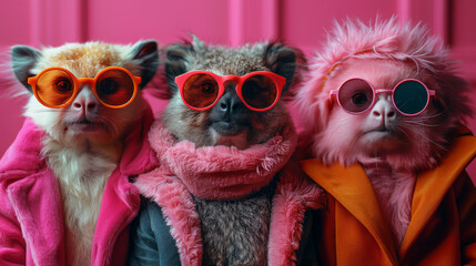 Three Lemurs Wearing Sunglasses And Fashionable Clothing