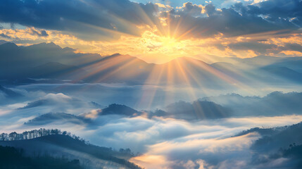 Beautiful Landscape of mountain layer in morning sun ray and winter fog - Powered by Adobe
