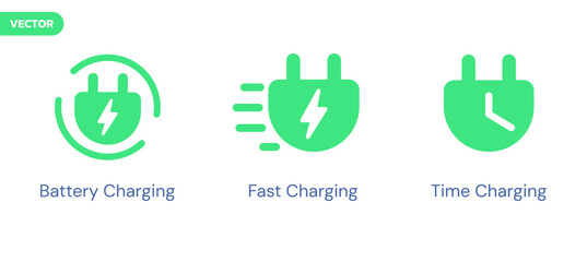 Electric Vehicle charging icon symbol set with Fast charging, Battery charging, Time charging vector design concept. Eco friendly vehicle icons sets for EV car, EV station, business, ui, infographic.