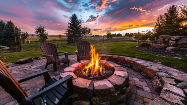 A fire pit surrounded by two black chairs and a stone wall