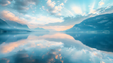 Beautiful light blue clouds and mountains reflected in the water at dawn. Natural background