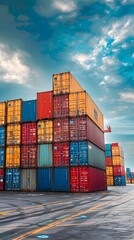 Fototapeta premium Stacked Cargo Containers at Bustling Shipping Port with Cloudy Sky