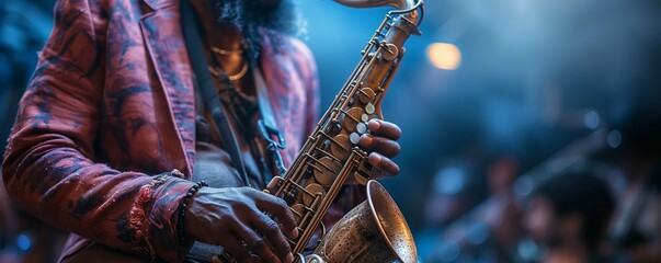 Obraz premium Saxophonist in action during concert