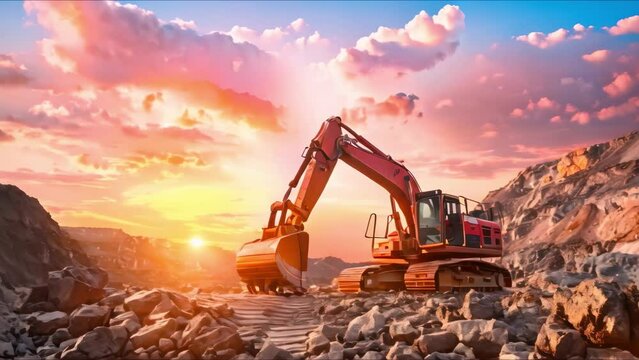Excavator extracting ore in open pit mine at sunset with heavy machinery in quarry. Concept Mining Equipment, Open Pit Mine, Sunset, Heavy Machinery, Quarry Site