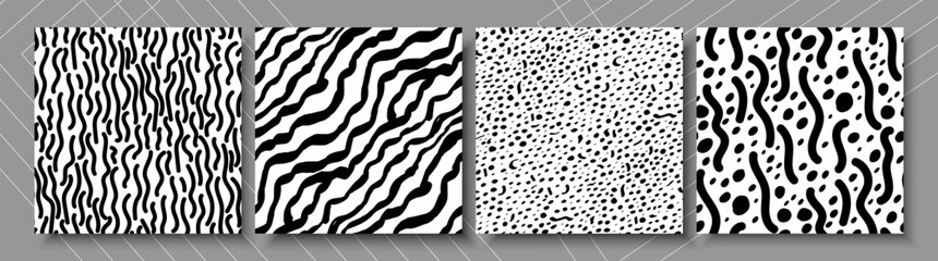 Abstract organic squiggly dots and lines texture circles seamless patterns vector backgrounds set. Modern trendy creative memphis, biological irregular patterns design