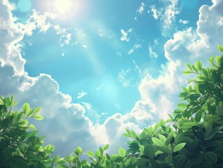 Bright sun shines through fluffy clouds in a clear blue sky, with vibrant green leaves in the foreground