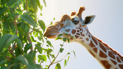 A majestic giraffe with a long neck and patterned coat, grazing on leaves against a clean white surface.
