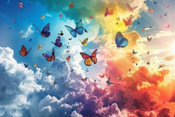 A colorful sky with many butterflies flying in it