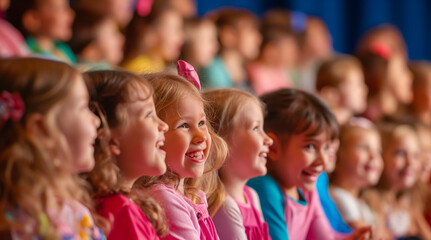 Fototapeta premium Side view of diverse children audience enjoying a kids concert or movie with happy smiling faces