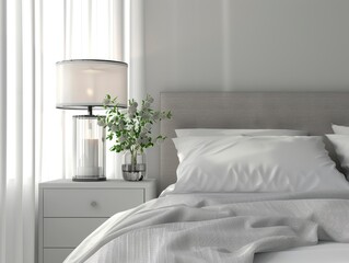 Chic Bedroom With A Cylindrical Glass Night Lamp On A Modern Nightstand, Natural Colors, Minimalist, Bright Background