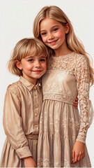 Cute happy blonde brother and sister hugging watercolor art