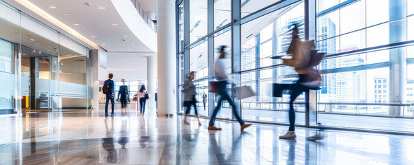 Fototapeta premium Corporate office lobby with motion blur of employees walking, capturing the hustle and bustle of business life