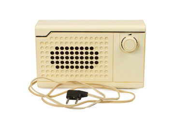 Old wired radio on a white background. Subscriber loudspeaker. Wired radio receiver.
