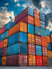 Dramatic Shipping Port with Stacked Cargo Containers at Sunset