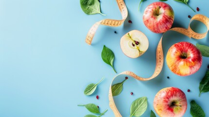 Fresh red apples and a measuring tape on a blue background symbolizing healthy eating