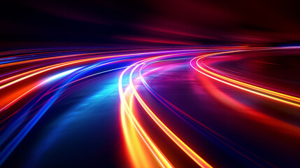 Abstract background with glowing neon lines and glow, speed effect. Digital art illustration of a futuristic light trail in blue, orange, and red colors on a black background