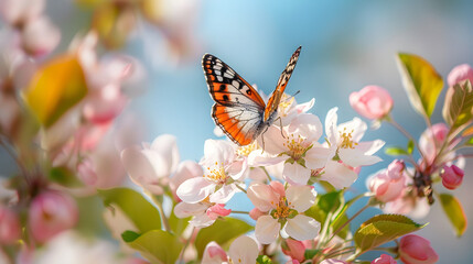 Beautiful spring branch of a blossoming apple tree with white-pink flowers and butterfly on defocused background blue sky in bright sunny day
