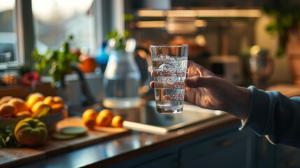 A person's hand is visible holding a clear glass filled with sparkling water, with a kitchen background