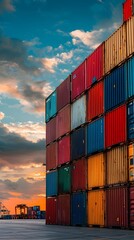 Colorful Container Stacks at Sunset Shipping Port