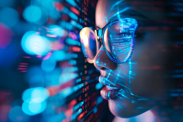 Software, coding hologram and woman on tablet thinking of data analytics, digital technology and night overlay. Programmer or IT person in glasses on 3d screen, programming and cybersecurity research